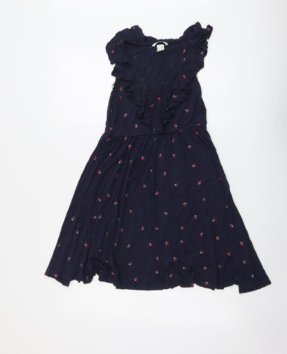H&M Womens Blue Geometric Viscose Trapeze & Swing Size S V-Neck Pullover - Cherry Pattern