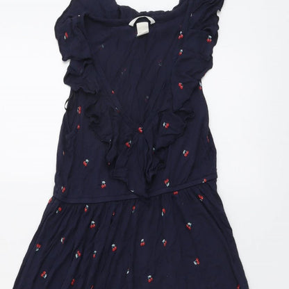 H&M Womens Blue Geometric Viscose Trapeze & Swing Size S V-Neck Pullover - Cherry Pattern