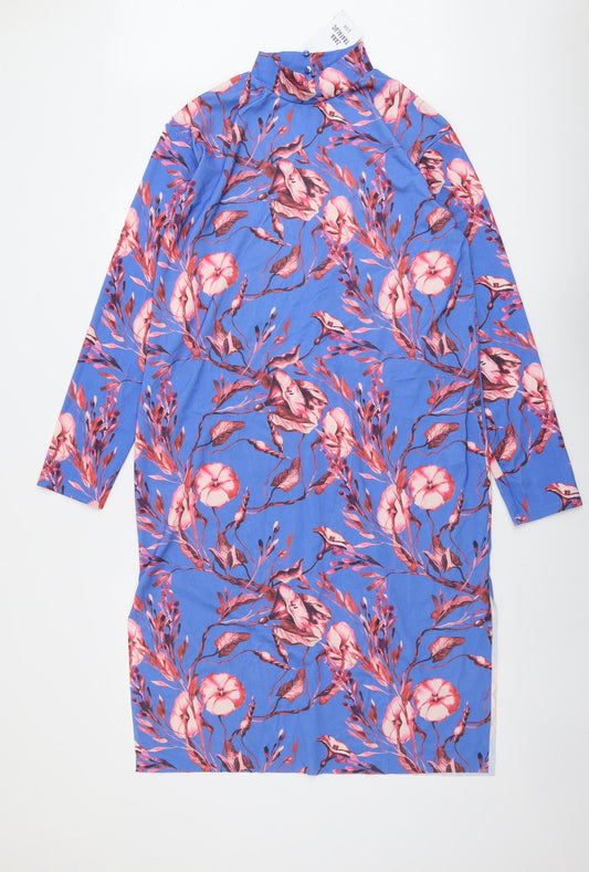 Zara Womens Blue Floral Polyester A-Line Size S Mock Neck Button