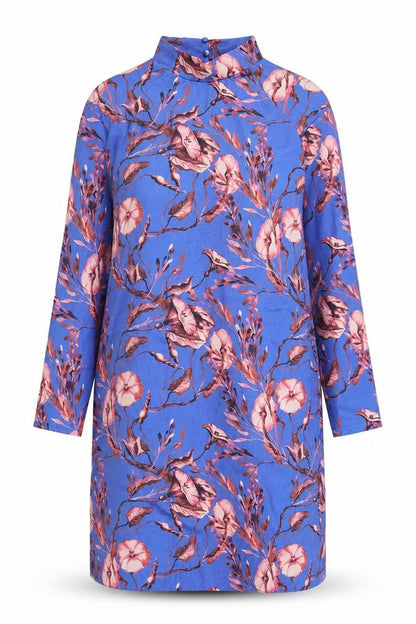 Zara Womens Blue Floral Polyester A-Line Size S Mock Neck Button