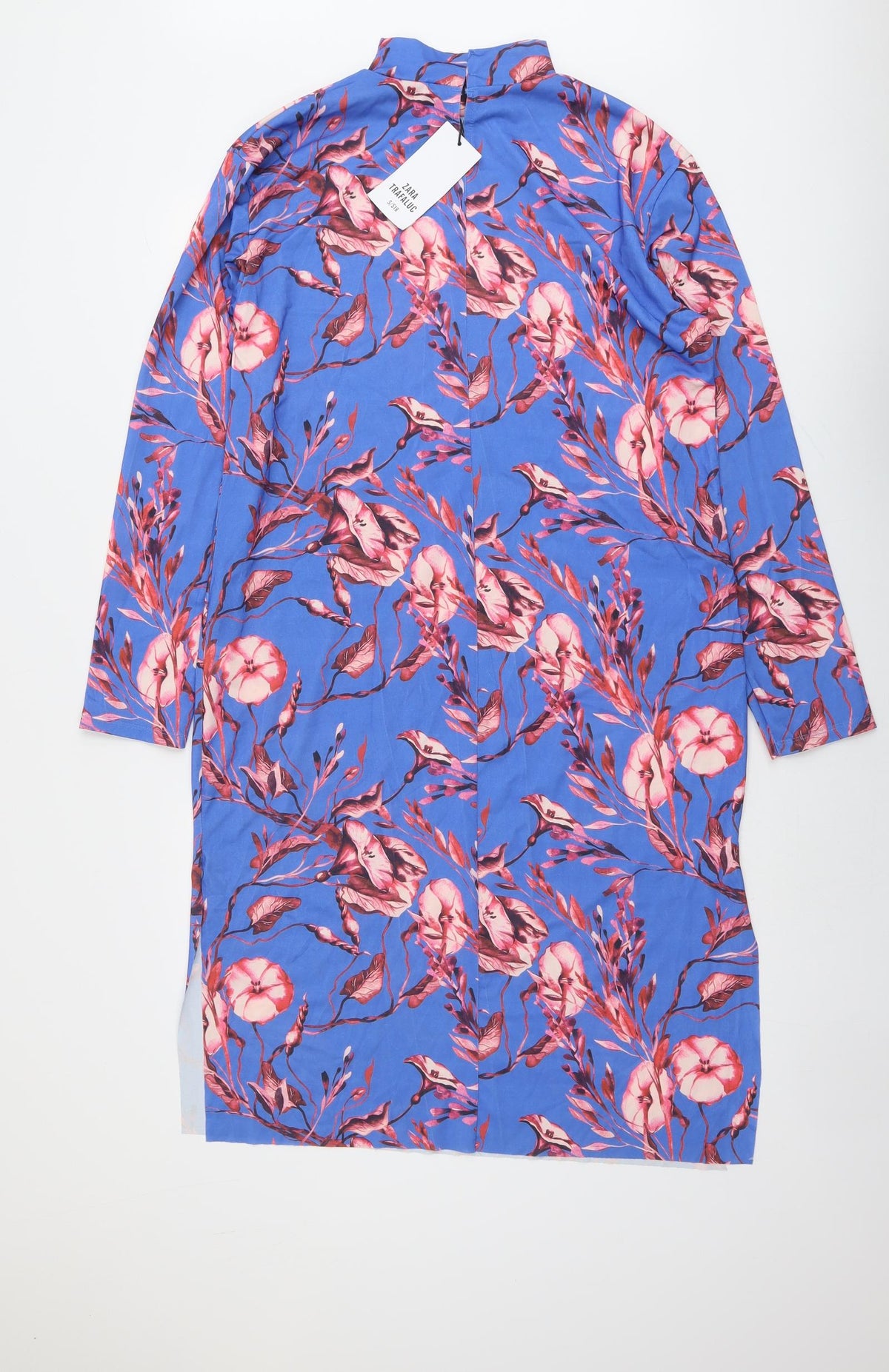Zara Womens Blue Floral Polyester A-Line Size S Mock Neck Button