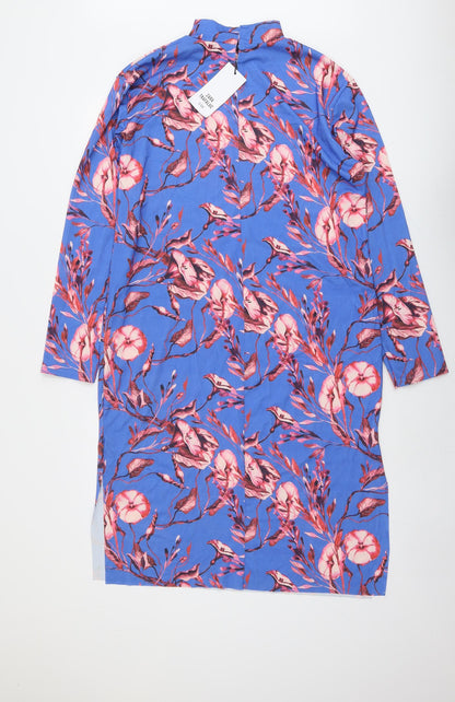 Zara Womens Blue Floral Polyester A-Line Size S Mock Neck Button