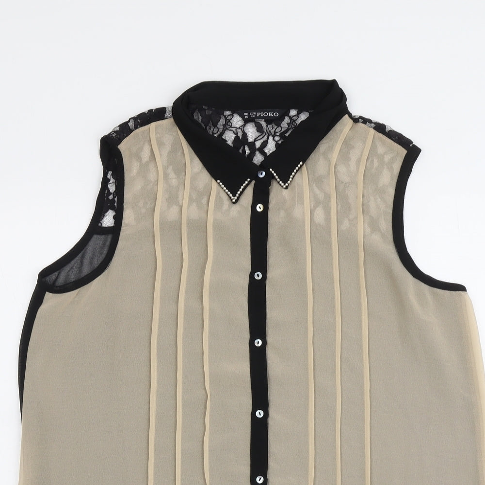 Pioko Womens Black Polyester Basic Button-Up Size 16 Collared