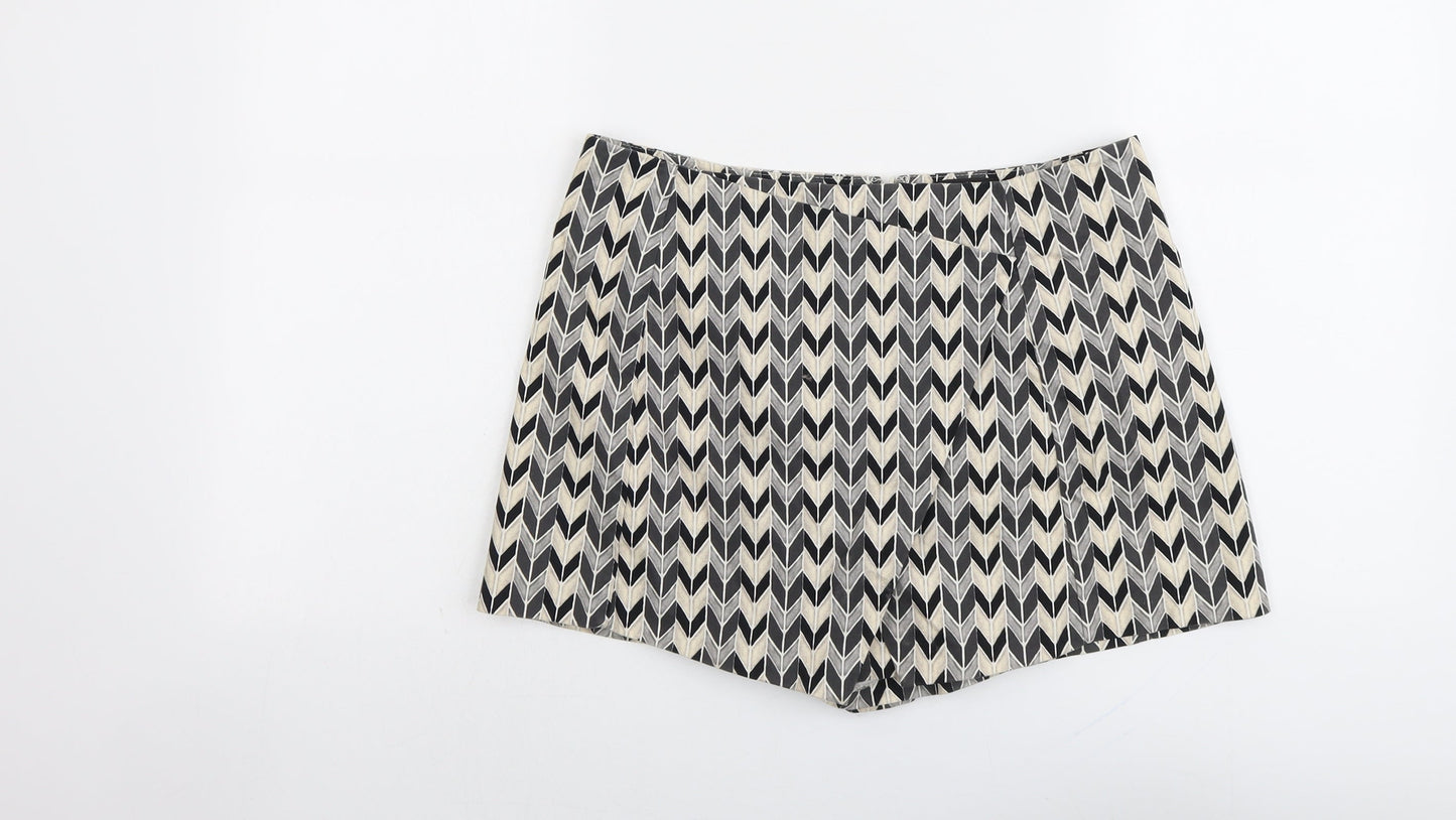 Topshop Womens Beige Geometric Cotton Hot Pants Shorts Size 12 L3 in Regular Zip