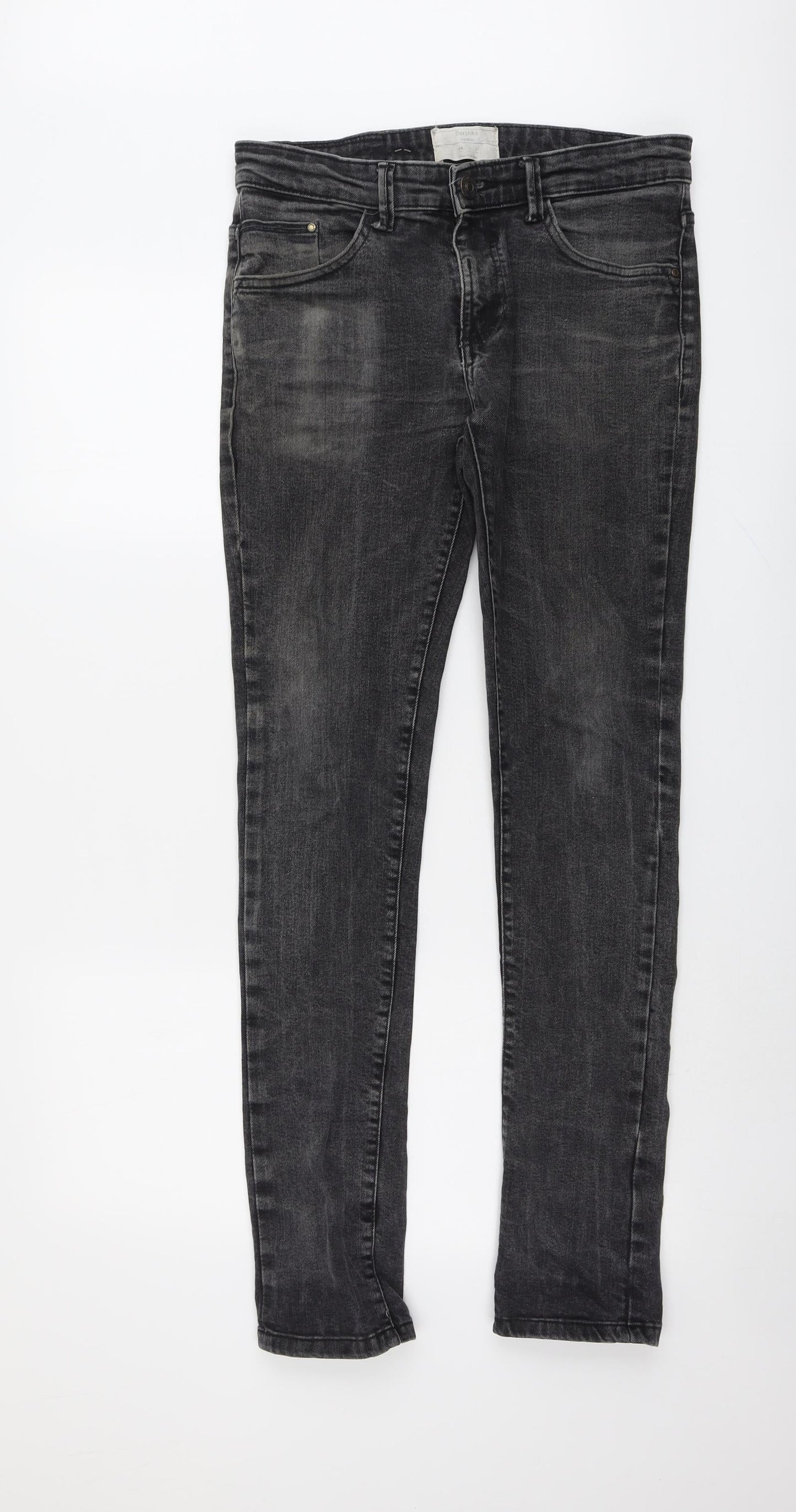 Bershka Mens Grey Cotton Skinny Jeans Size 30 in L32 in Regular Button