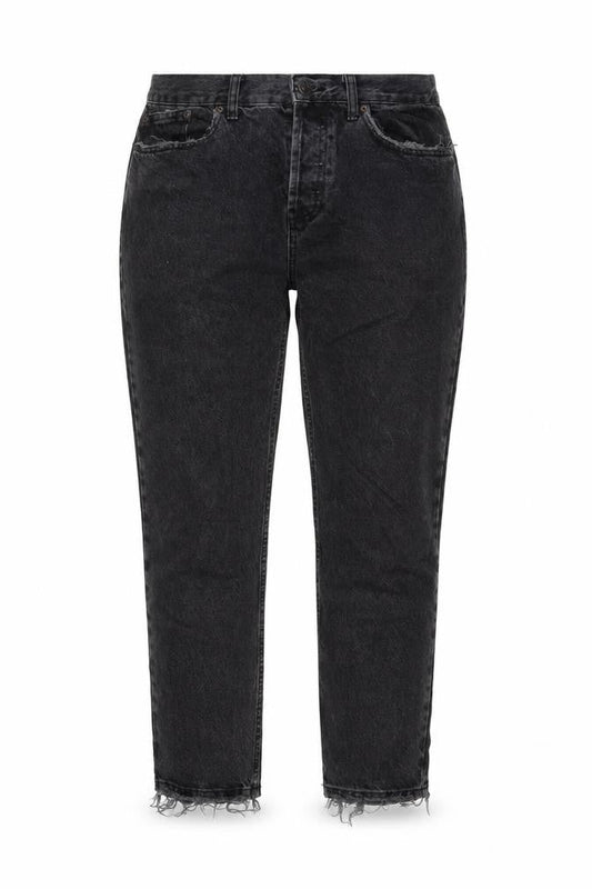 Front view of BDG women’s grey cotton mom jeans, size UK 32, in, 32-inch leg regular button