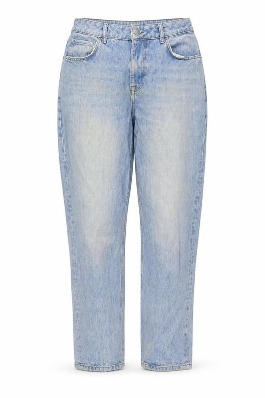 Front view of ASOS women’s blue cotton mom jeans, size UK 30, in, 30-inch leg regular button