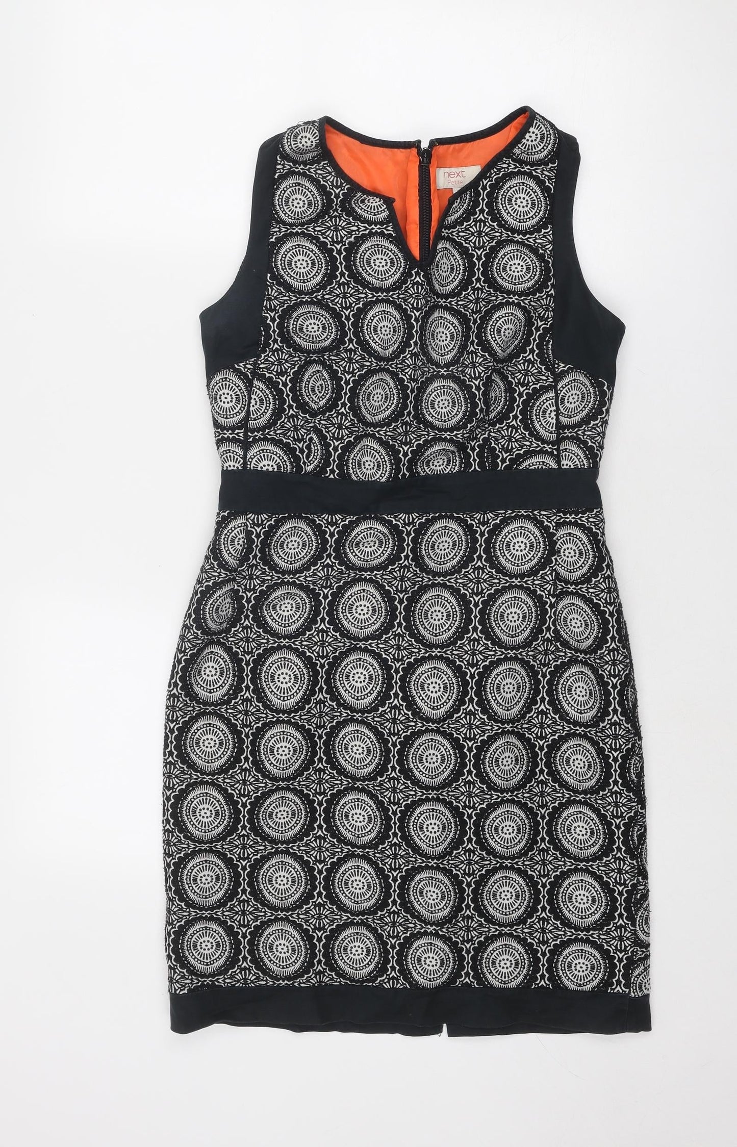 NEXT Womens Black Geometric Polyester A-Line Size 8 V-Neck Zip