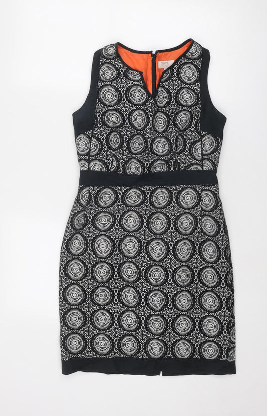 NEXT Womens Black Geometric Polyester A-Line Size 8 V-Neck Zip
