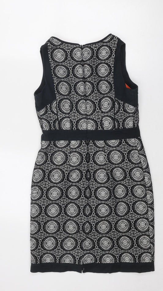 NEXT Womens Black Geometric Polyester A-Line Size 8 V-Neck Zip