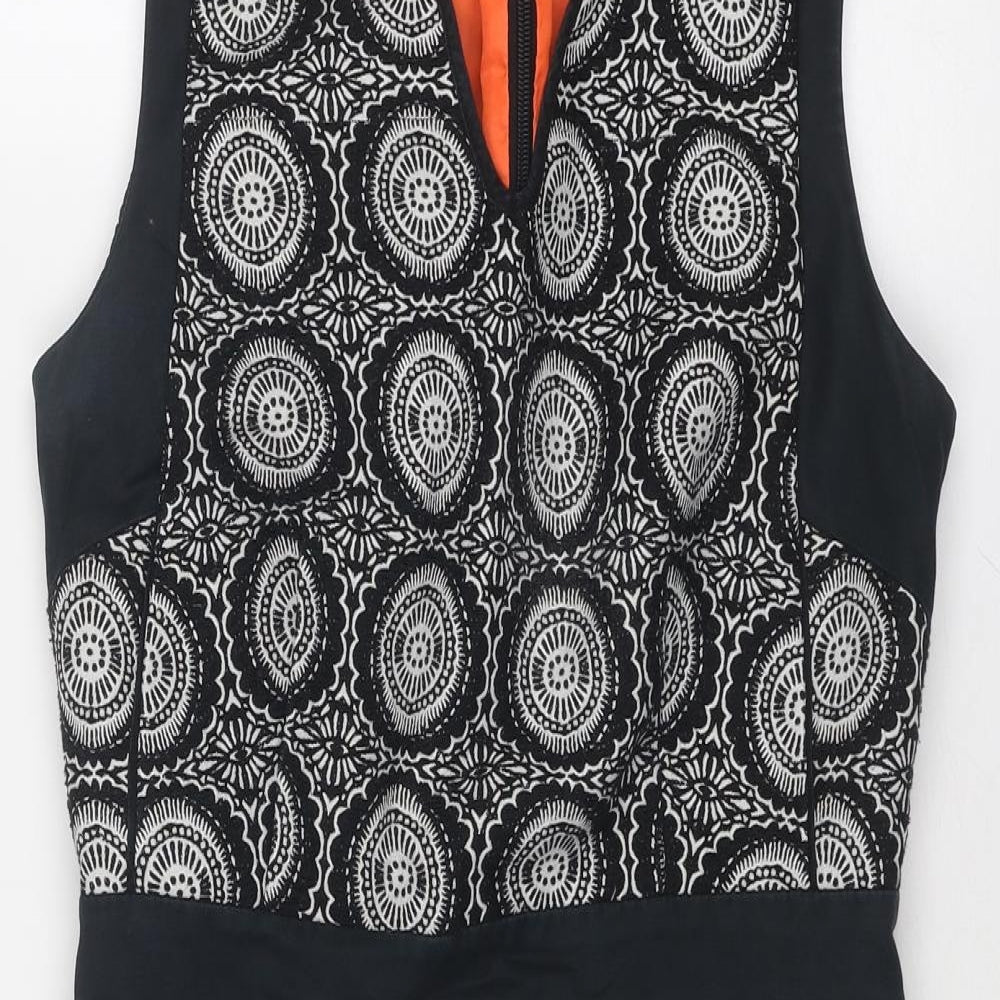 NEXT Womens Black Geometric Polyester A-Line Size 8 V-Neck Zip