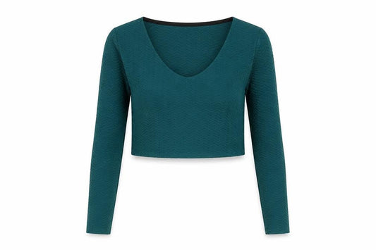 Front view of Cooperative women’s blue polyester cropped t-shirt, size L, v-neck