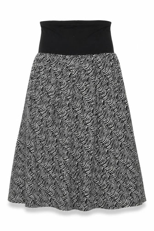Front view of mamas & papas women’s black geometric viscose trapeze & swing, size UK 6, off the shoulder pullover