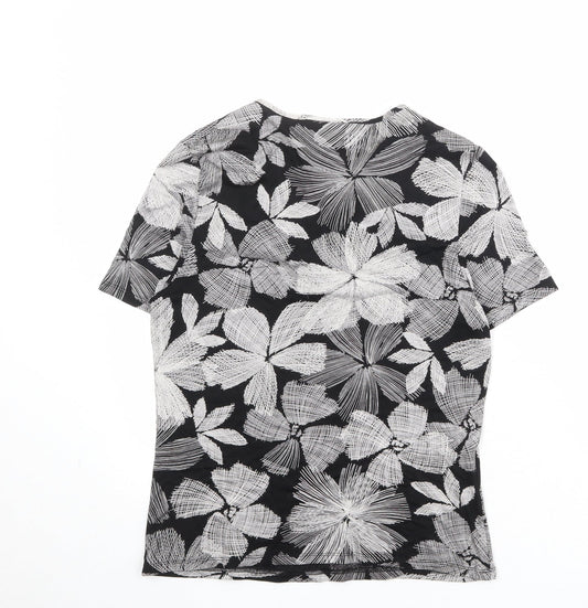 CC Womens Black Floral Viscose Basic T-Shirt Size M V-Neck