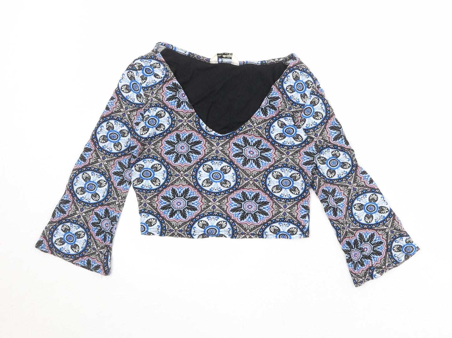 Miss Selfridge Womens Multicoloured Geometric Viscose Cropped T-Shirt Size 8 V-Neck