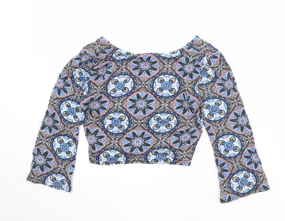 Miss Selfridge Womens Multicoloured Geometric Viscose Cropped T-Shirt Size 8 V-Neck