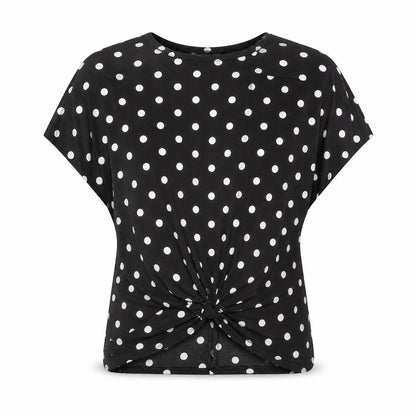 Just Elegance Womens Black Polka Dot Polyester Basic T-Shirt Size S Round Neck - Knot Front