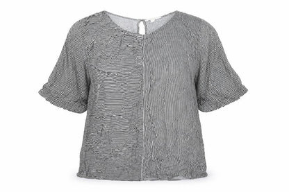 Front view of ESPRIT women’s black striped viscose basic blouse, size S, boat neck