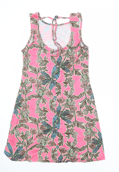 South Womens Pink Floral Viscose Shift Size 10 Round Neck Tie