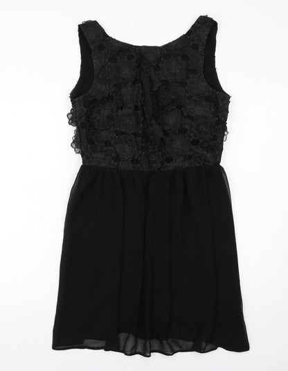 ASOS Womens Black Floral Polyester A-Line Size 10 Round Neck Zip
