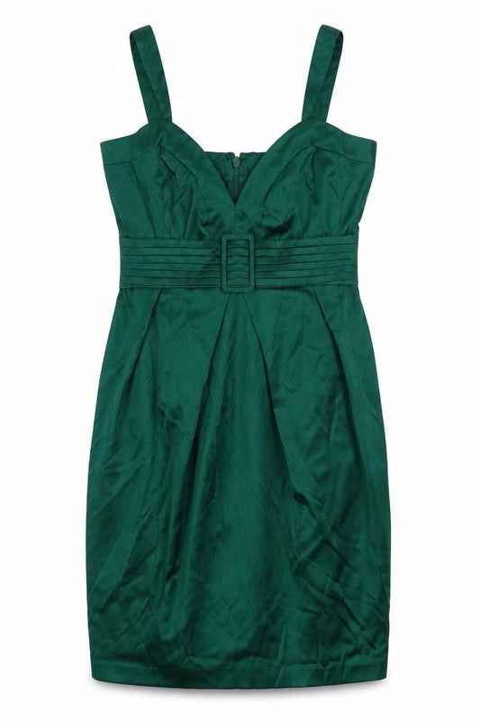 Front view of ASOS women’s green cotton pencil dress, size UK 10, v-neck zip