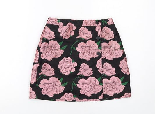 Miss Selfridge Womens Black Floral Polyester A-Line Skirt Size 6 Zip