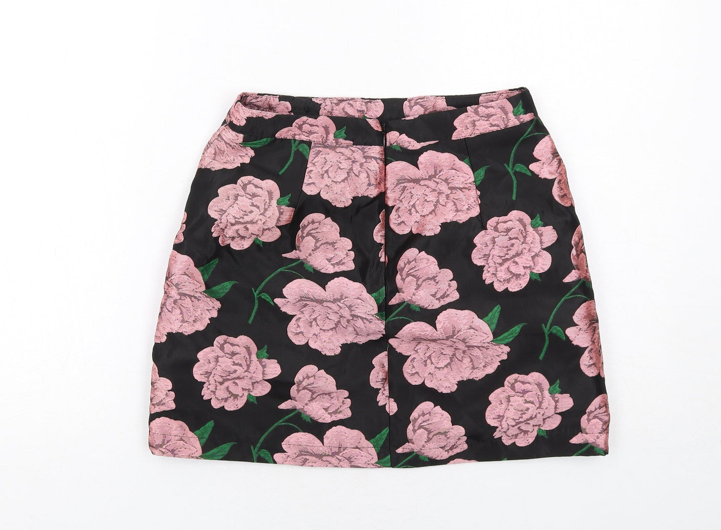 Miss Selfridge Womens Black Floral Polyester A-Line Skirt Size 6 Zip