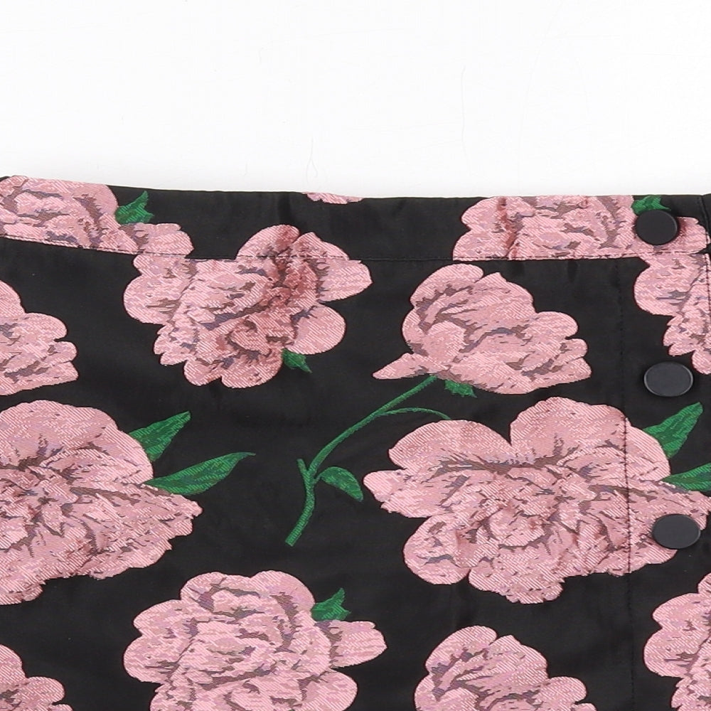 Miss Selfridge Womens Black Floral Polyester A-Line Skirt Size 6 Zip