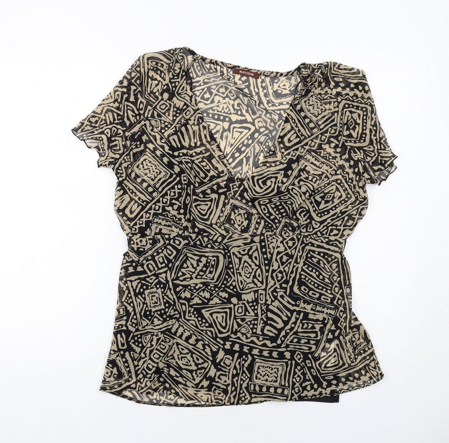 Savoir Womens Black Geometric Polyester Basic Blouse Size 16 V-Neck