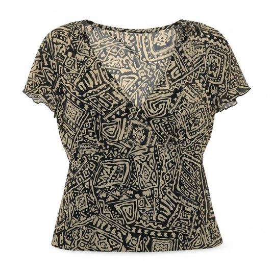 Front view of Savoir women’s black geometric polyester basic blouse, size UK 16, v-neck