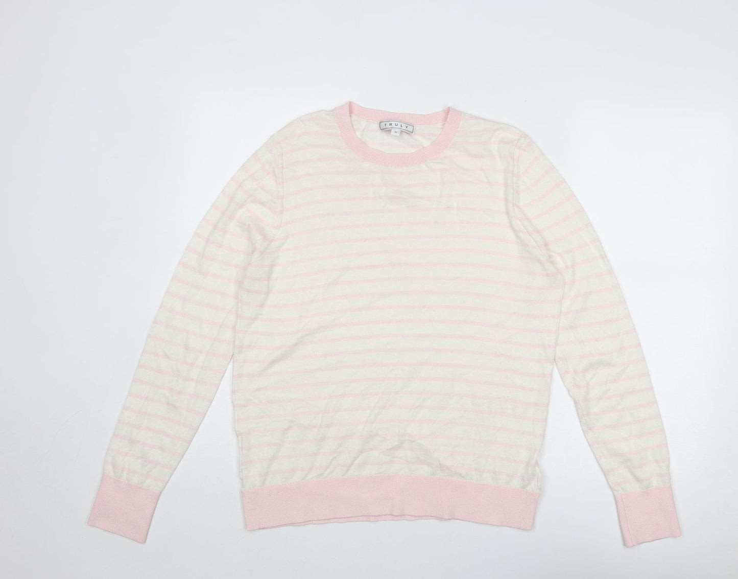 Truly Womens Beige Round Neck Striped Cotton Pullover Jumper Size M