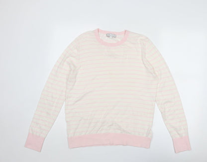 Truly Womens Beige Round Neck Striped Cotton Pullover Jumper Size M