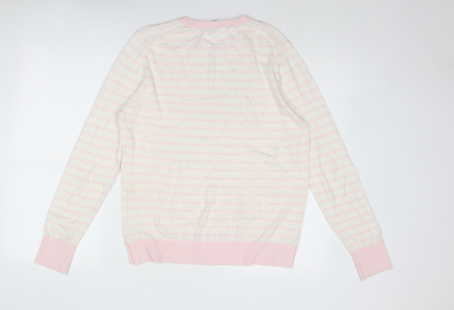 Truly Womens Beige Round Neck Striped Cotton Pullover Jumper Size M