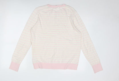 Truly Womens Beige Round Neck Striped Cotton Pullover Jumper Size M