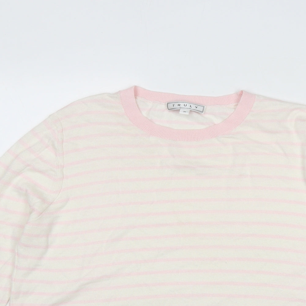 Truly Womens Beige Round Neck Striped Cotton Pullover Jumper Size M