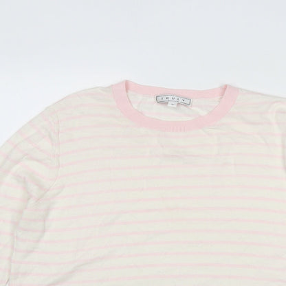 Truly Womens Beige Round Neck Striped Cotton Pullover Jumper Size M