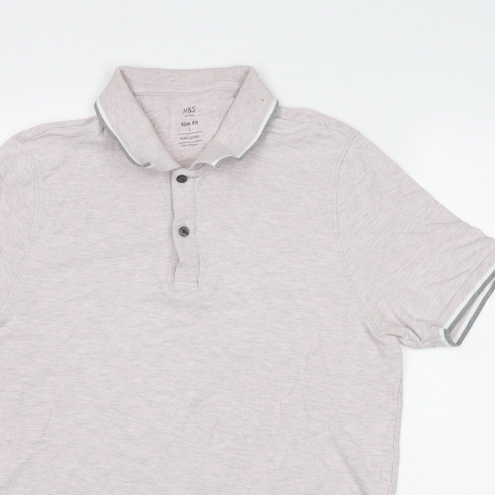 Marks and Spencer Mens Pink Cotton Polo Size L Collared Button