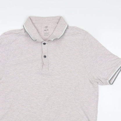 Marks and Spencer Mens Pink Cotton Polo Size L Collared Button