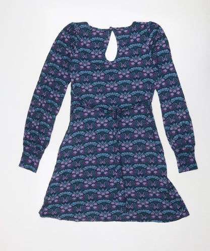 Warehouse Womens Blue Floral Viscose A-Line Size 12 Scoop Neck Pullover