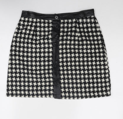 Joy Womens Black Geometric Polyester A-Line Skirt Size 12 Button