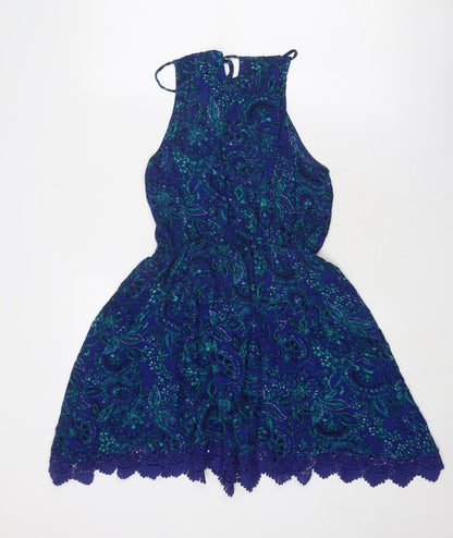 Ecoté Womens Blue Paisley Viscose Fit & Flare Size M Round Neck Tie - Crocheted Lace Trim