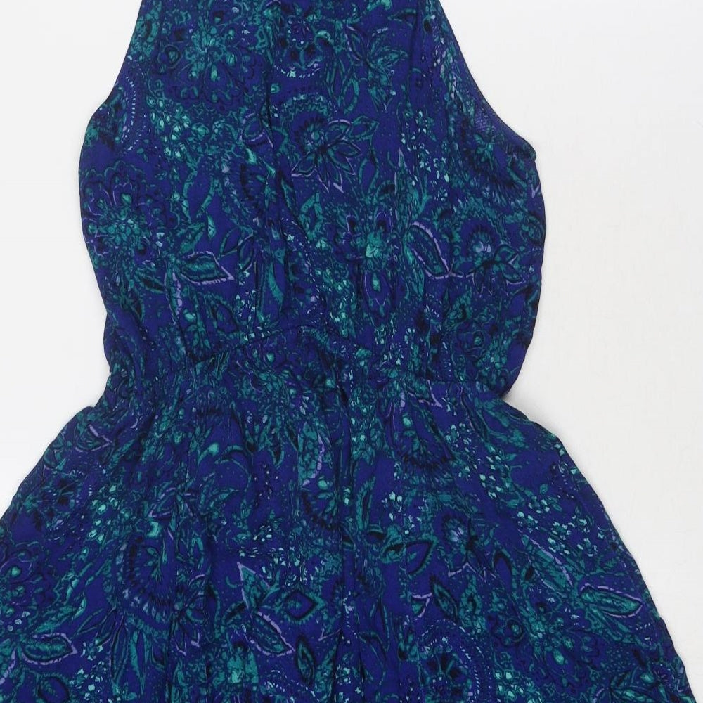 Ecoté Womens Blue Paisley Viscose Fit & Flare Size M Round Neck Tie - Crocheted Lace Trim