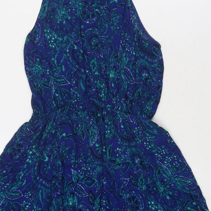 Ecoté Womens Blue Paisley Viscose Fit & Flare Size M Round Neck Tie - Crocheted Lace Trim