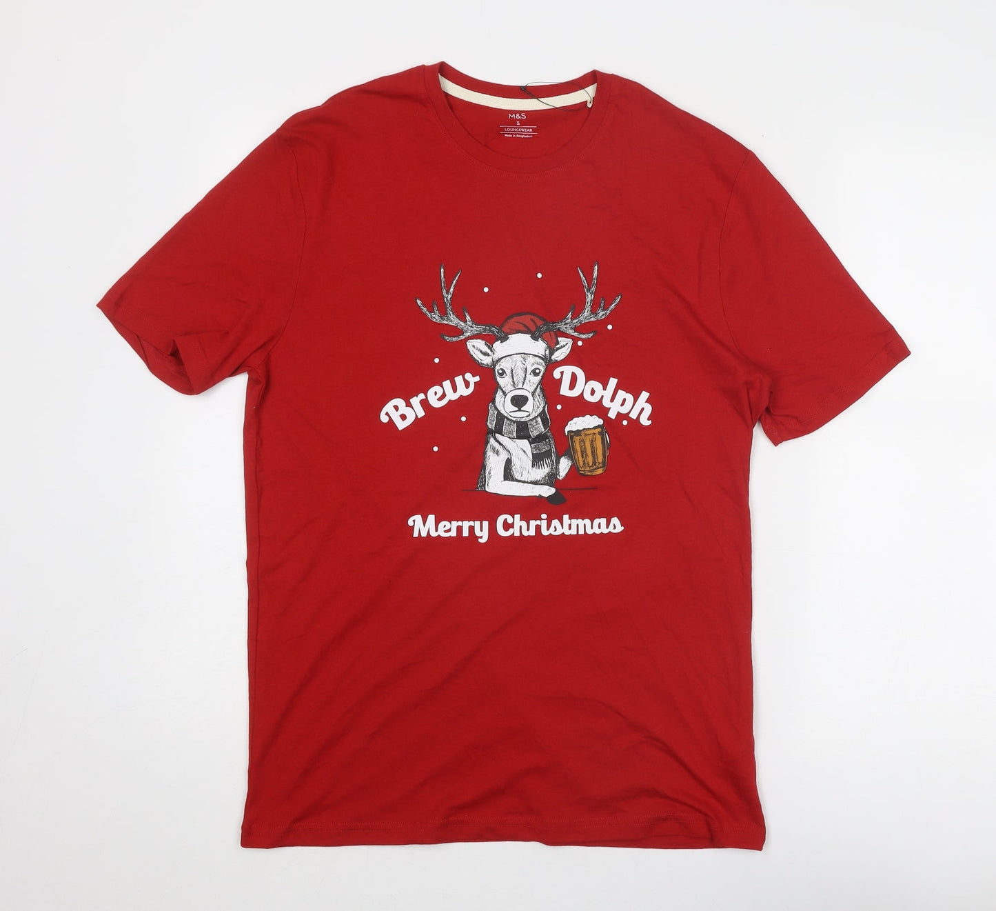 Marks and Spencer Mens Red Cotton T-Shirt Size S Round Neck - Merry Christmas Brew Dolph