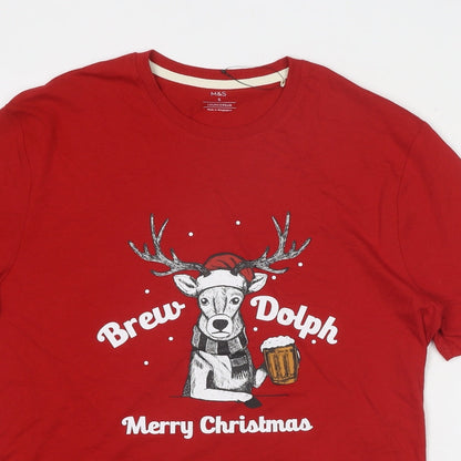 Marks and Spencer Mens Red Cotton T-Shirt Size S Round Neck - Merry Christmas Brew Dolph