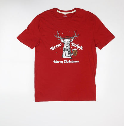 Marks and Spencer Mens Red Cotton T-Shirt Size S Round Neck - Merry Christmas Brew Dolph