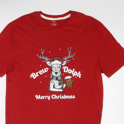 Marks and Spencer Mens Red Cotton T-Shirt Size S Round Neck - Merry Christmas Brew Dolph