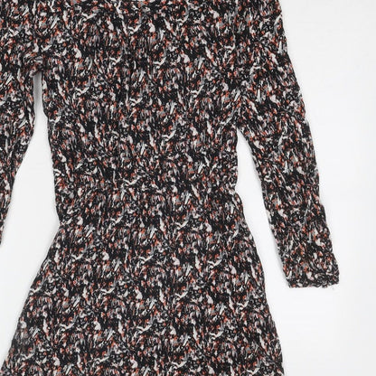 Warehouse Womens Black Geometric Viscose Mini Size 8 V-Neck Zip