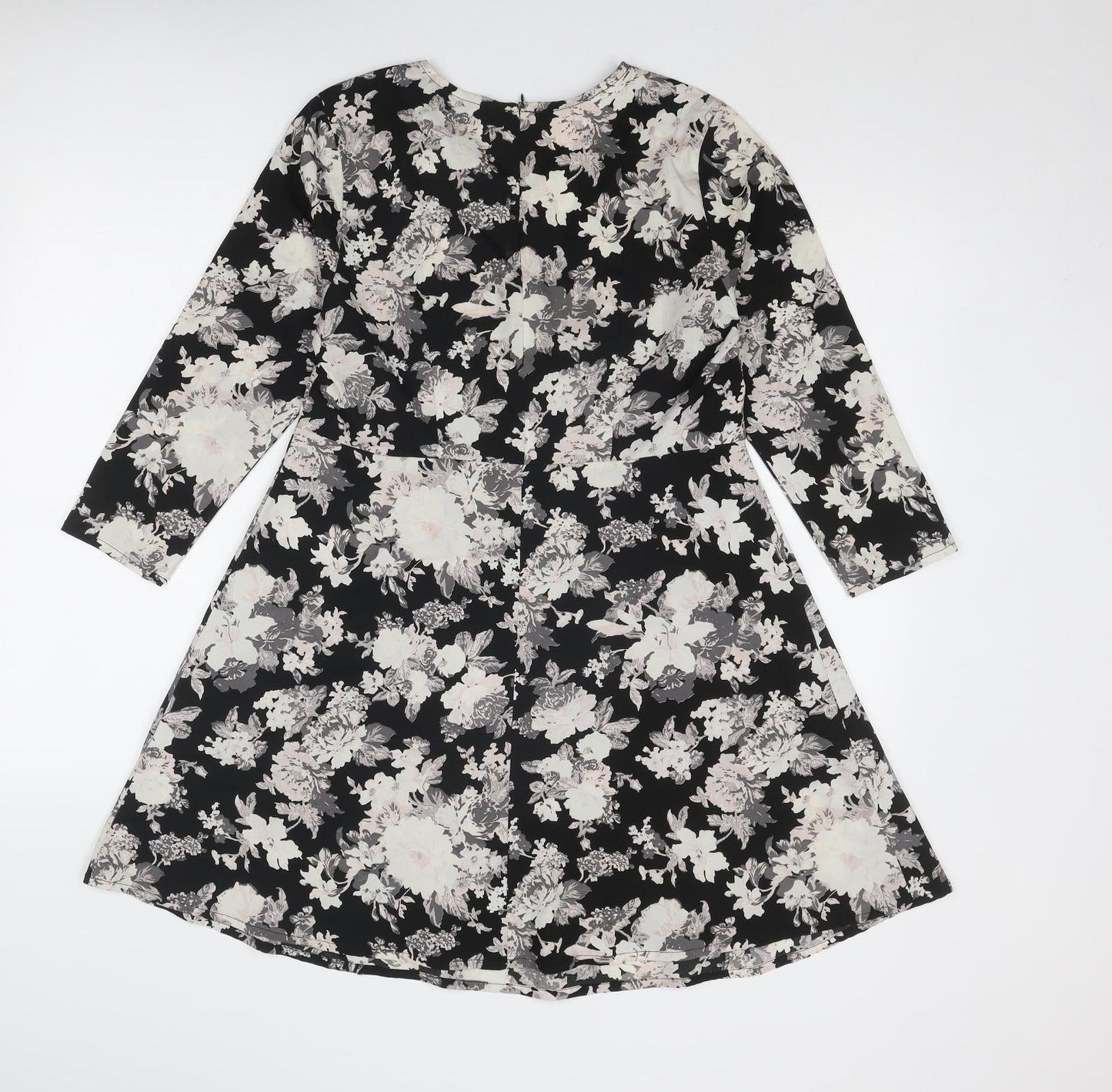 New Look Womens Black Floral Polyester Fit & Flare Size 10 Boat Neck Zip