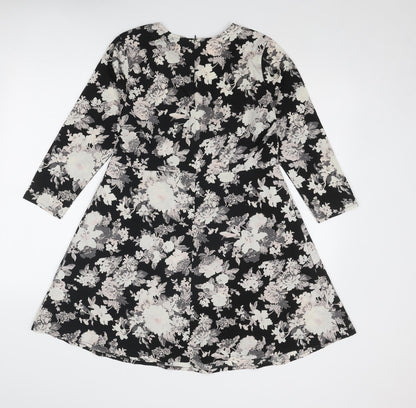 New Look Womens Black Floral Polyester Fit & Flare Size 10 Boat Neck Zip